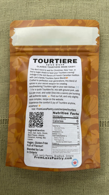 Back of a Tourtiere bag showing printed product information, ingredients, nutrition facts, and a QR code on a brown kraft paper pouch.